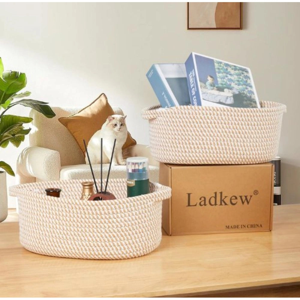 Cotton 2 Pcs 10x7x4 Inch Oval Storage Basket For Clothes (Beige)