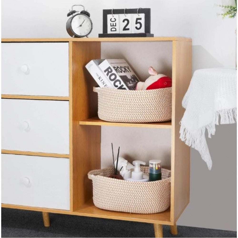 Cotton 2 Pcs 10x7x4 Inch Oval Storage Basket For Clothes (Beige)