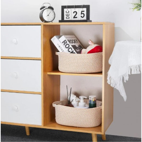 Cotton 2 Pcs 10x7x4 Inch Oval Storage Basket For Clothes (Beige)