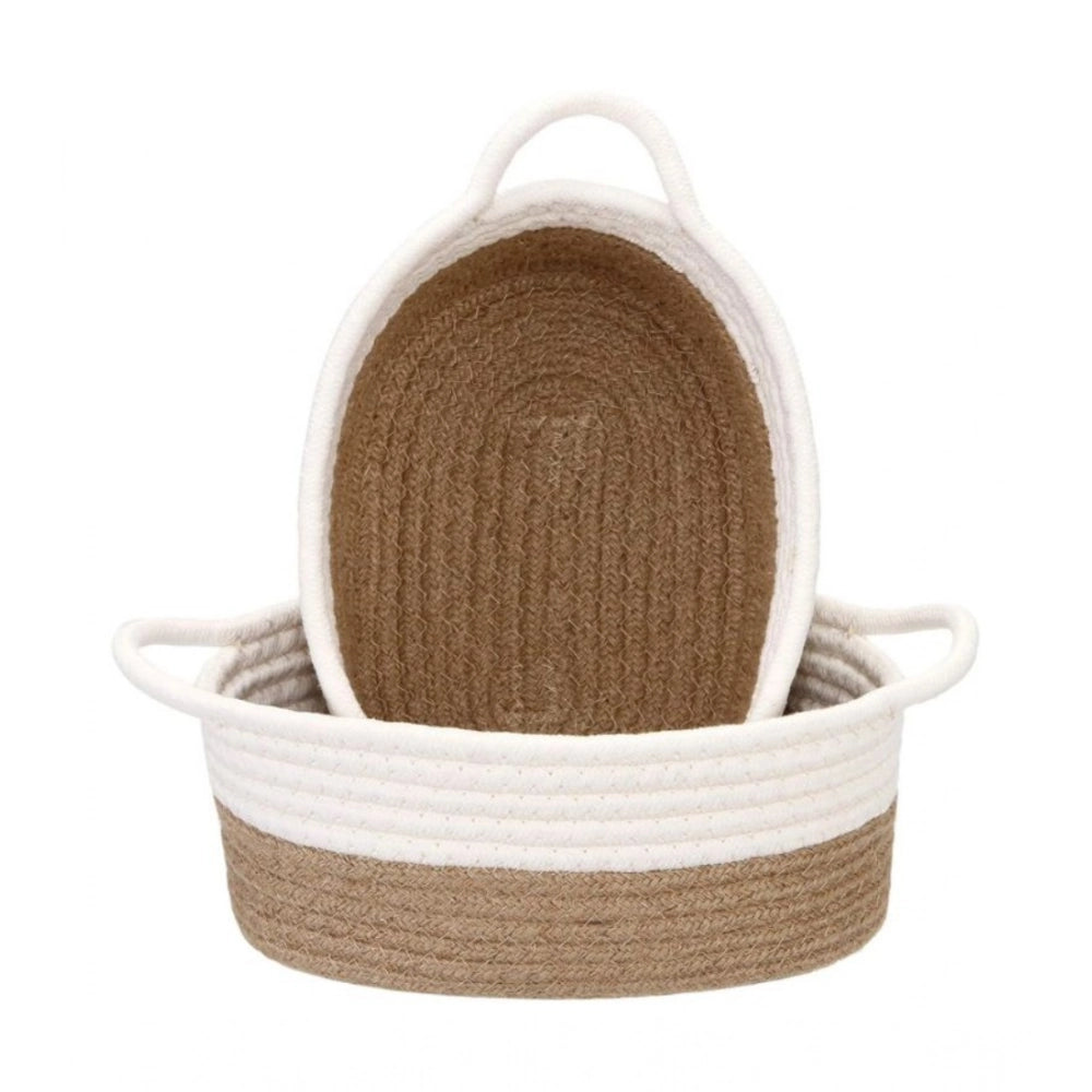 Cotton White Basket 2 Pcs Storage Basket For Clothes (Beige-White)