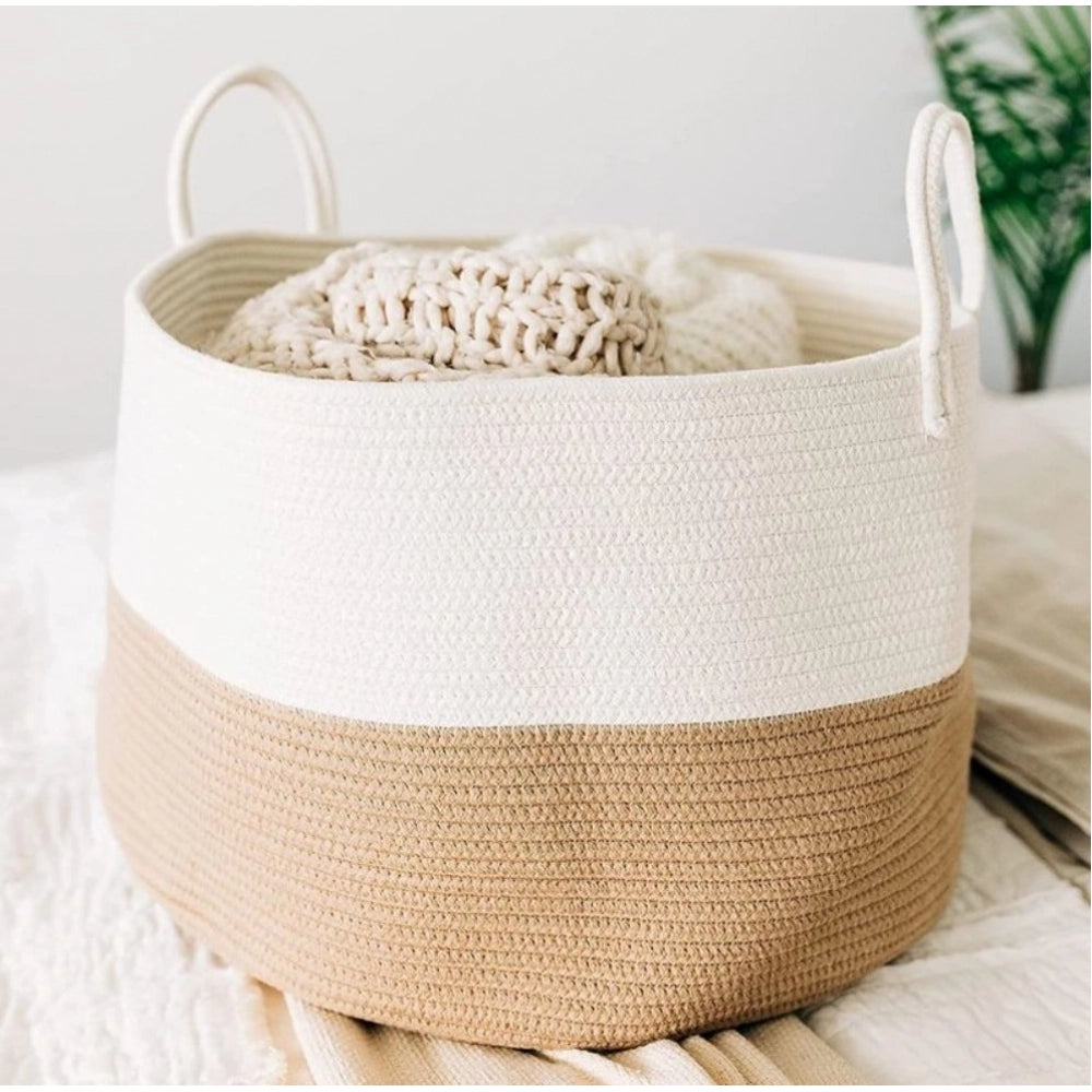 Cotton Pack Of_1 12x14 Inch Laundry Storage Basket For Clothes (Beige-White)