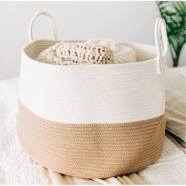 Cotton Pack Of_1 12x14 Inch Laundry Storage Basket For Clothes (Beige-White)