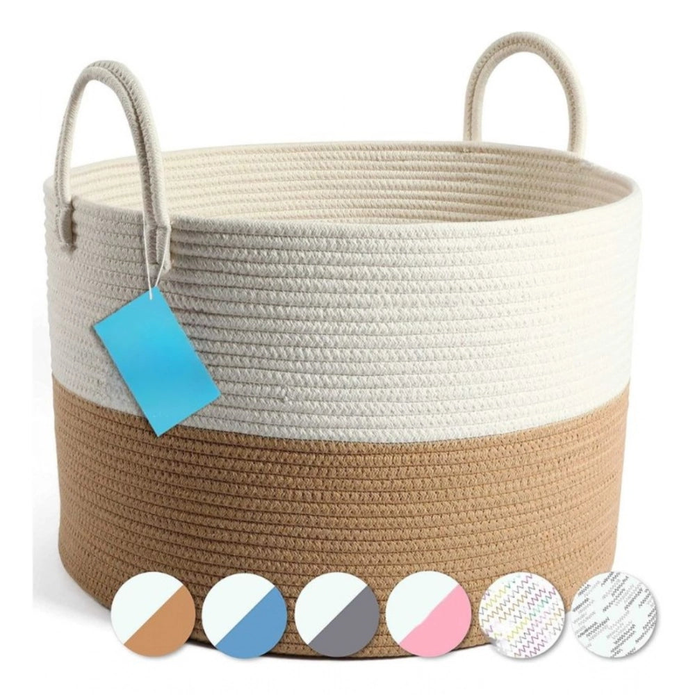 Cotton Pack Of_1 12x14 Inch Laundry Storage Basket For Clothes (Beige-White)