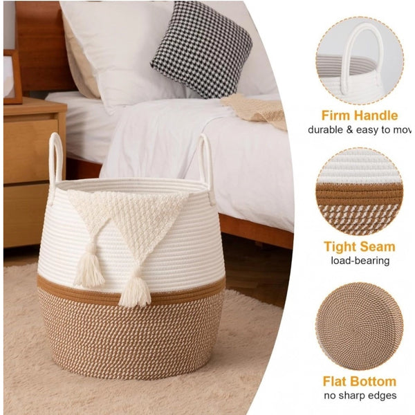 Cotton Matka With Handle 14x12 Inch Storage Basket For Clothes With Out Lid (Beige-White)