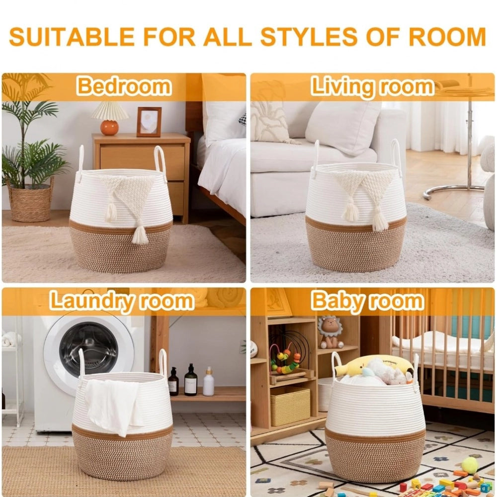 Cotton Matka With Handle 14x12 Inch Storage Basket For Clothes With Out Lid (Beige-White)