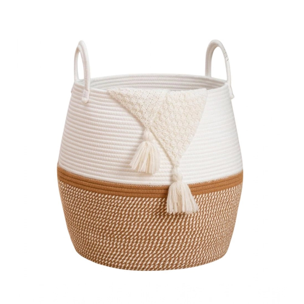 Cotton Matka With Handle 14x12 Inch Storage Basket For Clothes With Out Lid (Beige-White)