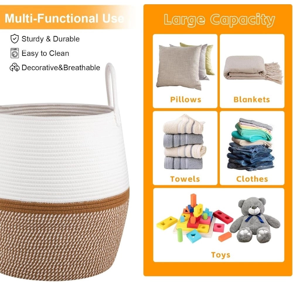 Cotton Matka With Handle 14x12 Inch Storage Basket For Clothes With Out Lid (Beige-White)