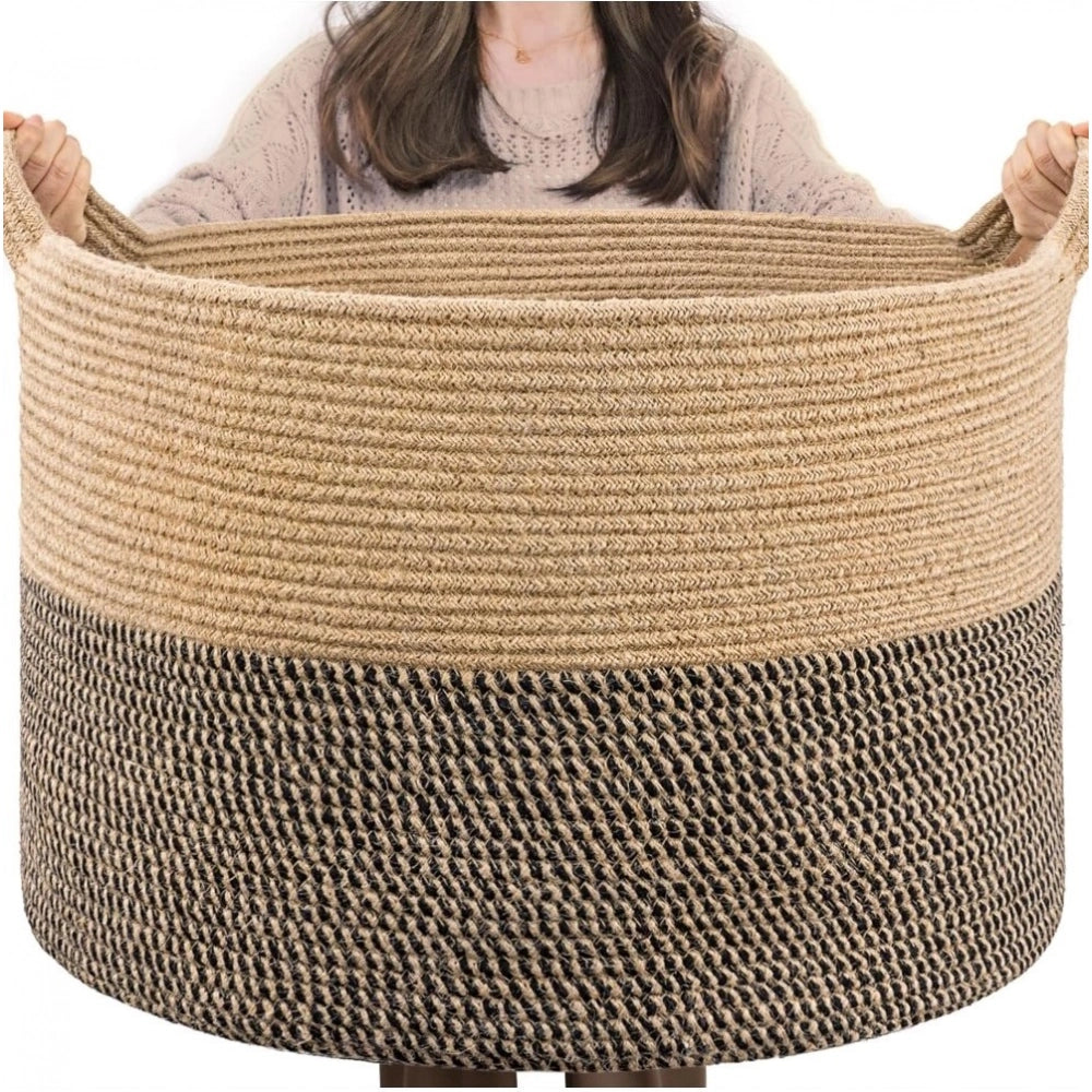 Cotton Pack Of_1 16x14 Inch Storage Basket For Clothes With Out Lid (Beige-Beige-Black)