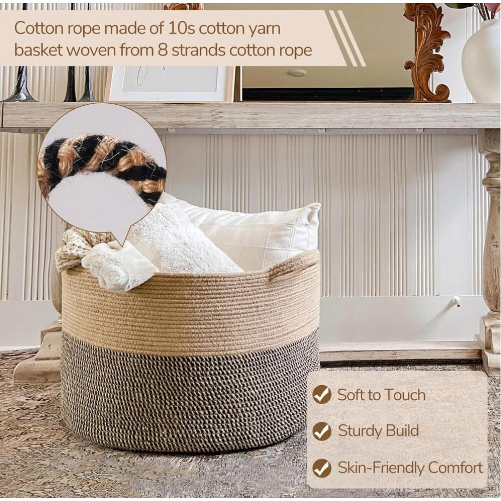 Cotton Pack Of_1 16x14 Inch Storage Basket For Clothes With Out Lid (Beige-Beige-Black)