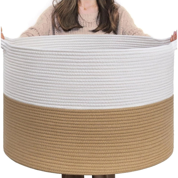 Cotton Pack Of_1 16x14 Inch Storage Basket For Clothes With Out Lid (Beige-White)