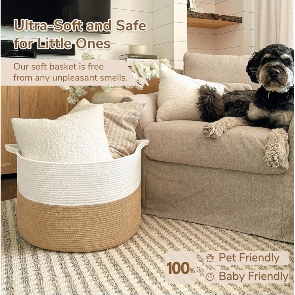 Cotton Pack Of_1 16x14 Inch Storage Basket For Clothes With Out Lid (Beige-White)