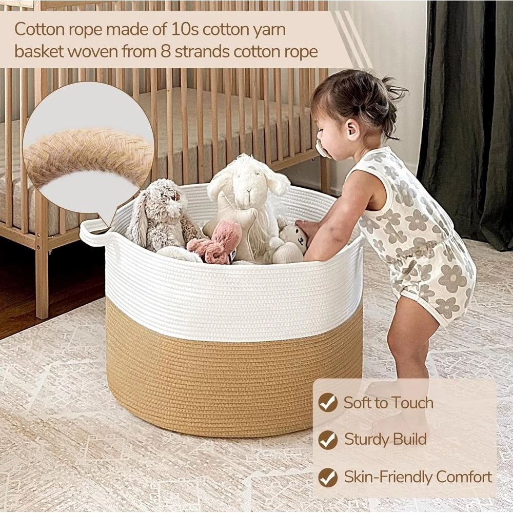 Cotton Pack Of_1 16x14 Inch Storage Basket For Clothes With Out Lid (Beige-White)