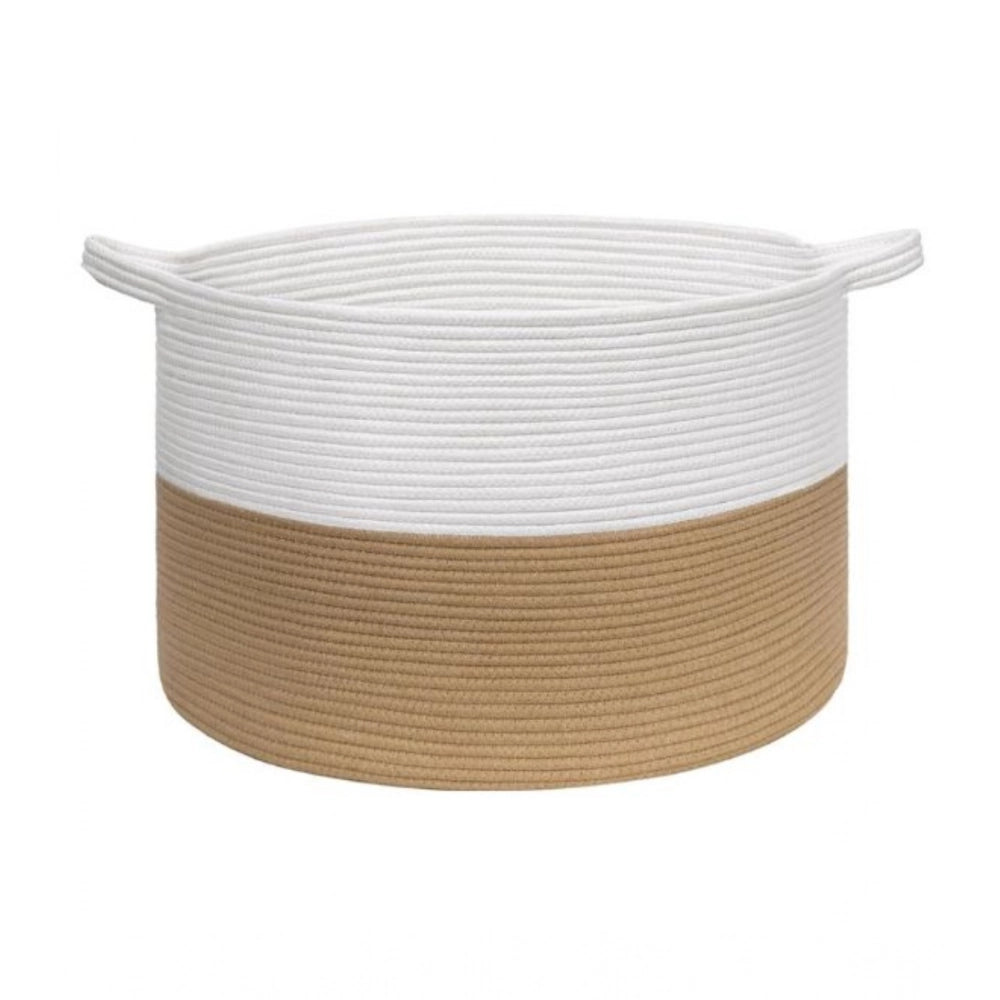 Cotton Pack Of_1 16x14 Inch Storage Basket For Clothes With Out Lid (Beige-White)