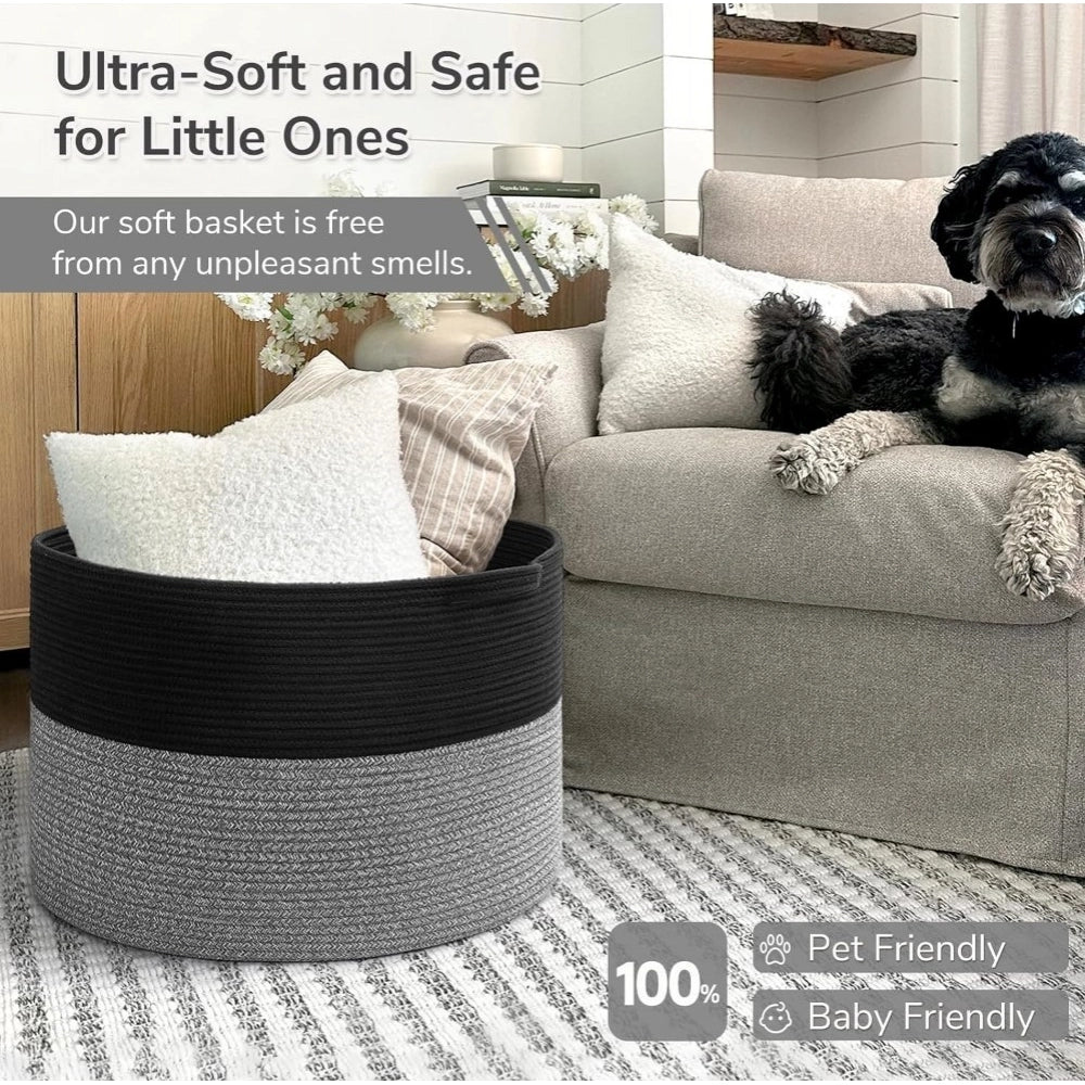 Cotton Pack Of_1 16x14 Inch Storage Basket For Clothes With Out Lid (Black-Gray)