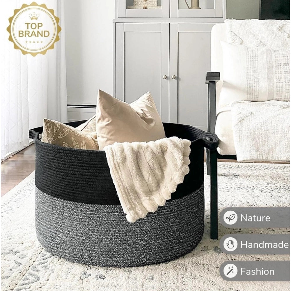 Cotton Pack Of_1 16x14 Inch Storage Basket For Clothes With Out Lid (Black-Gray)