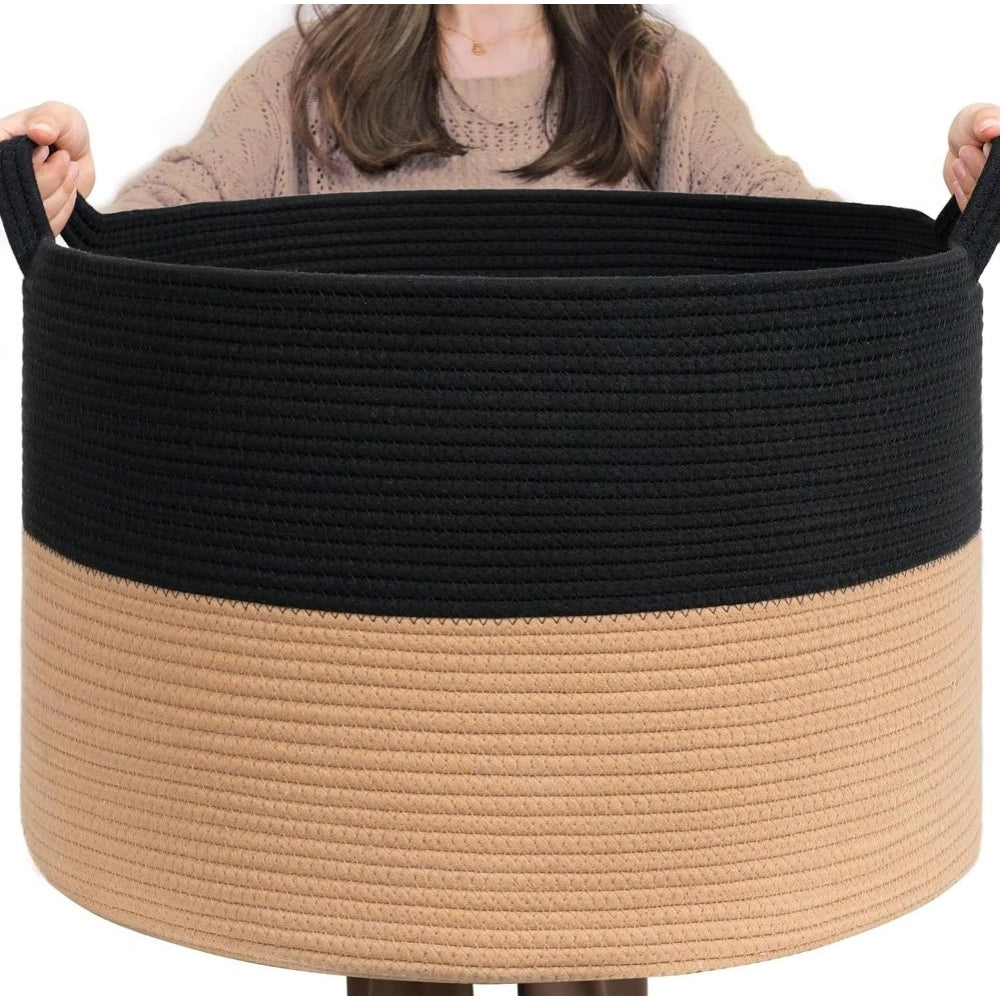 Cotton Pack Of_1 16x14 Inch Storage Basket For Clothes With Out Lid (Black-Beige)
