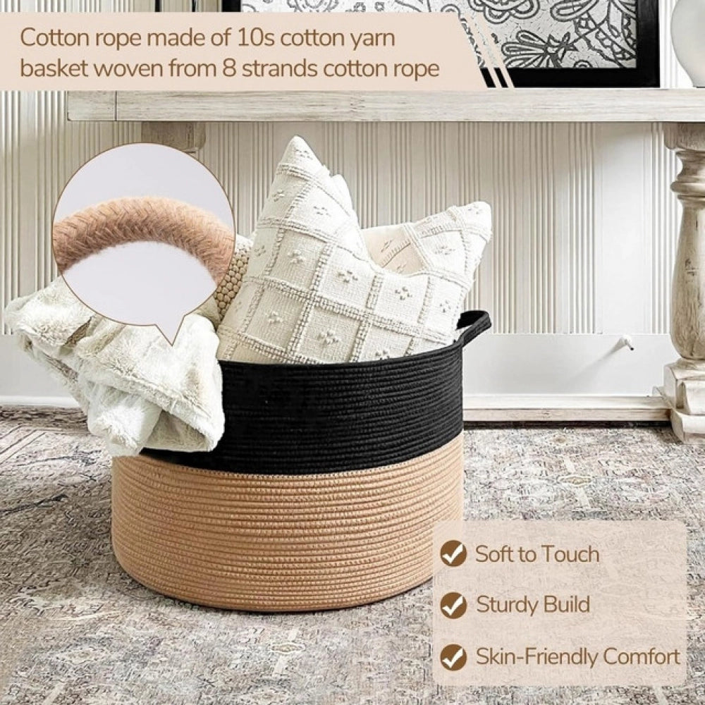 Cotton Pack Of_1 16x14 Inch Storage Basket For Clothes With Out Lid (Black-Beige)