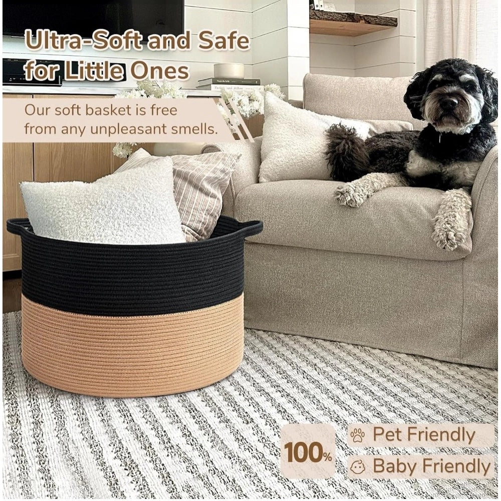 Cotton Pack Of_1 16x14 Inch Storage Basket For Clothes With Out Lid (Black-Beige)