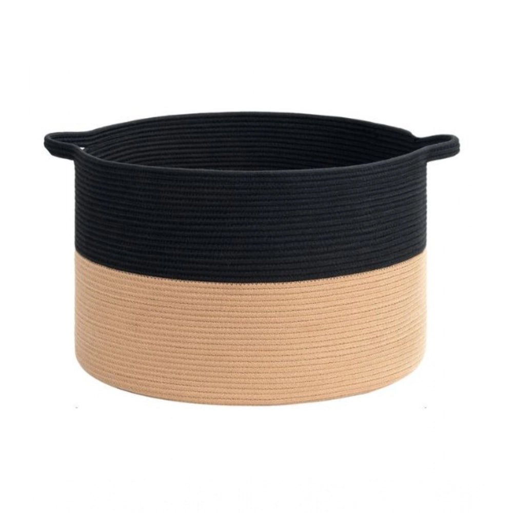 Cotton Pack Of_1 16x14 Inch Storage Basket For Clothes With Out Lid (Black-Beige)
