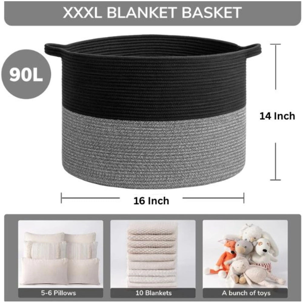 Cotton Pack Of_1 16x14 Inch Storage Basket For Clothes With Out Lid (Black-Black-Kidi)