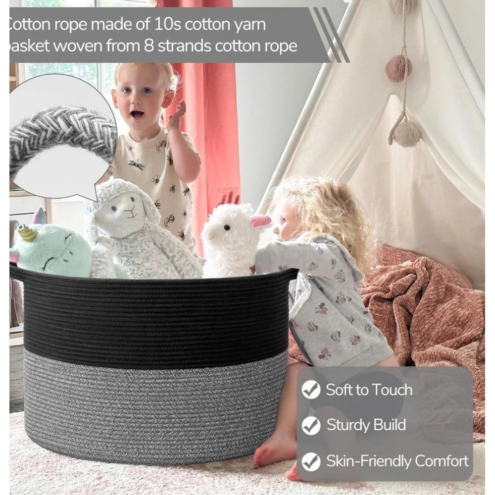Cotton Pack Of_1 16x14 Inch Storage Basket For Clothes With Out Lid (Black-Black-Kidi)