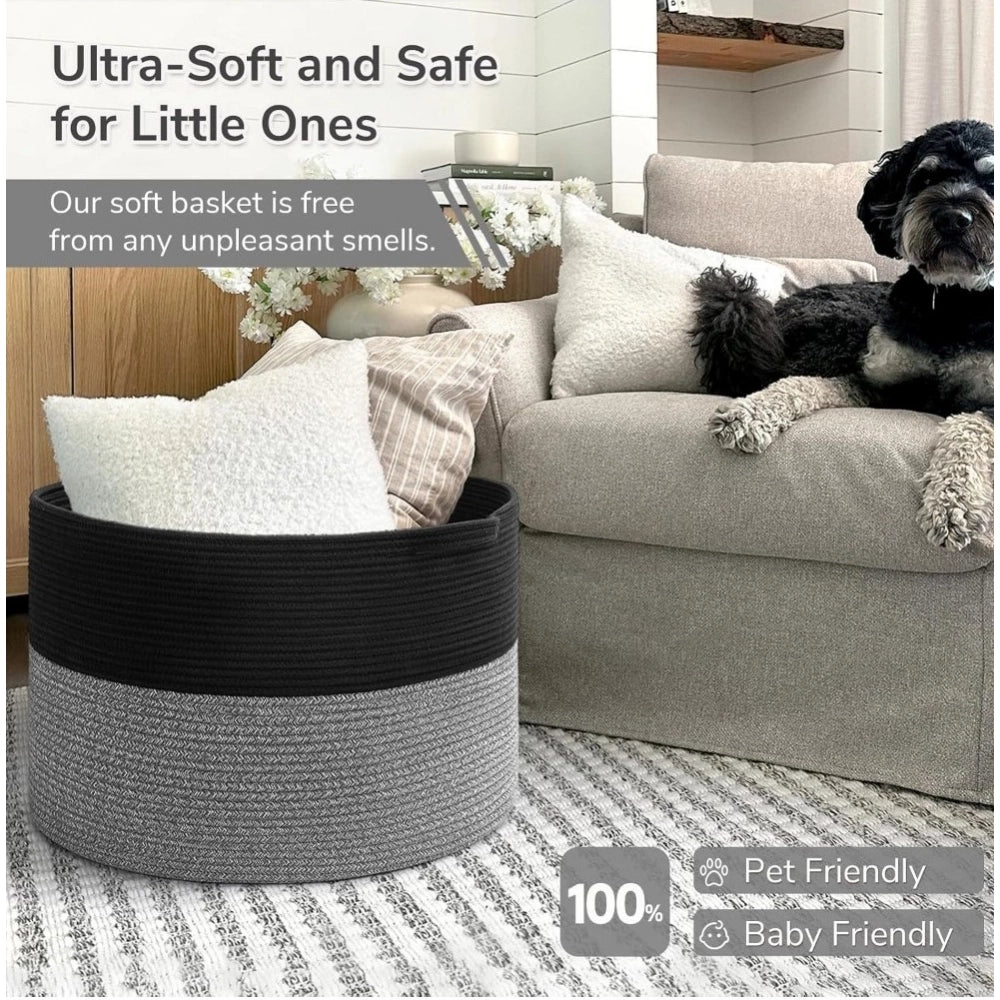 Cotton Pack Of_1 16x14 Inch Storage Basket For Clothes With Out Lid (Black-Black-Kidi)