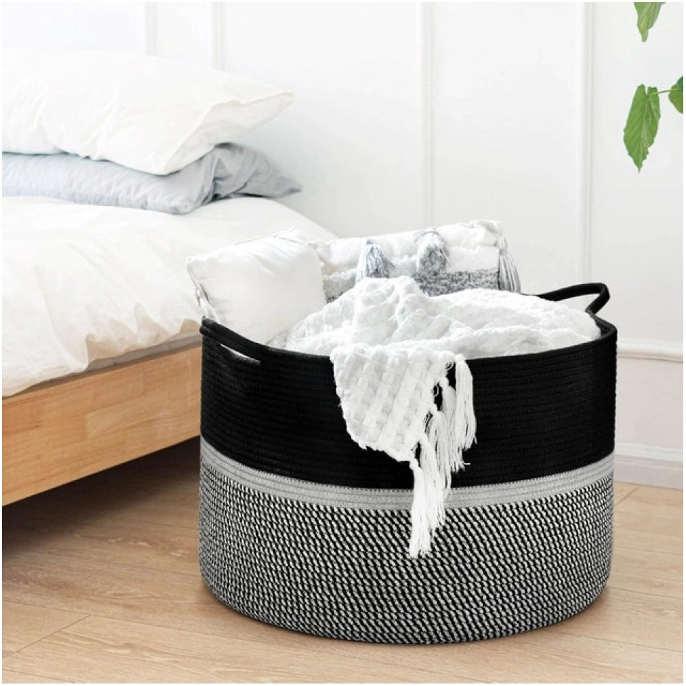 Cotton Dori 16x14 Inch Storage Basket For Clothes With Out Lid (Black-Black-White)