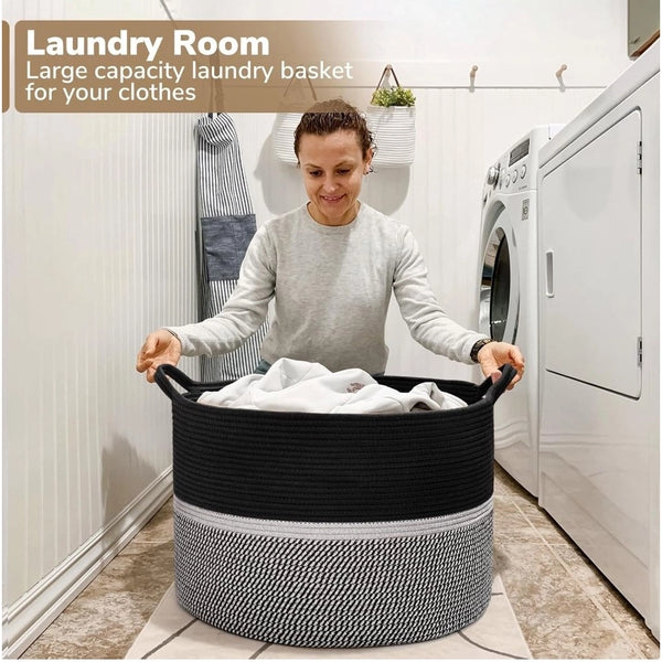 Cotton Dori 16x14 Inch Storage Basket For Clothes With Out Lid (Black-Black-White)