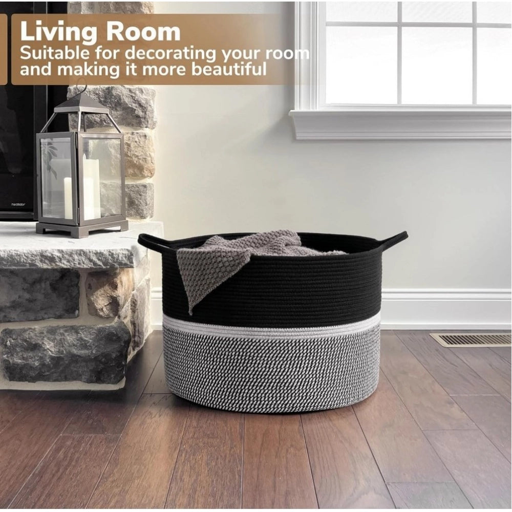 Cotton Dori 16x14 Inch Storage Basket For Clothes With Out Lid (Black-Black-White)