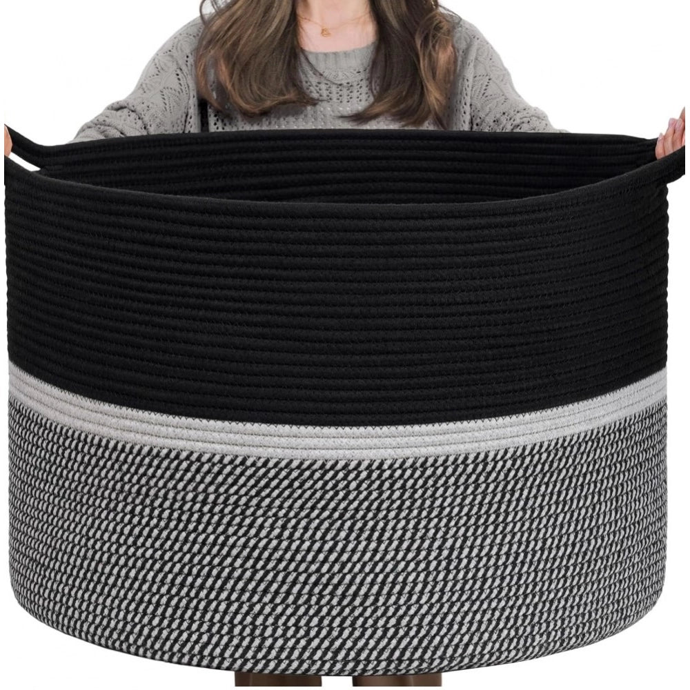 Cotton Dori 16x14 Inch Storage Basket For Clothes With Out Lid (Black-Black-White)