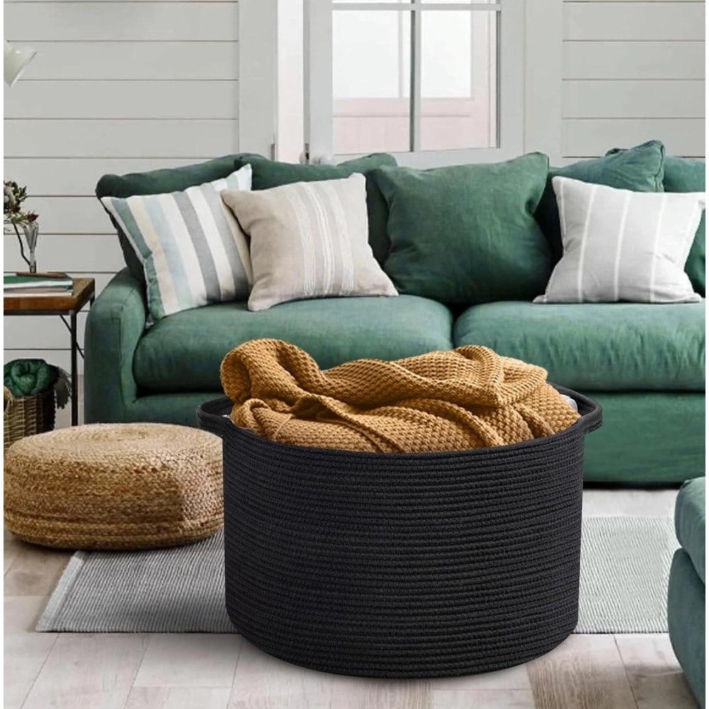 Cotton Pack Of_1 14x12 Inch Storage Basket For Clothes With Out Lid (Black)