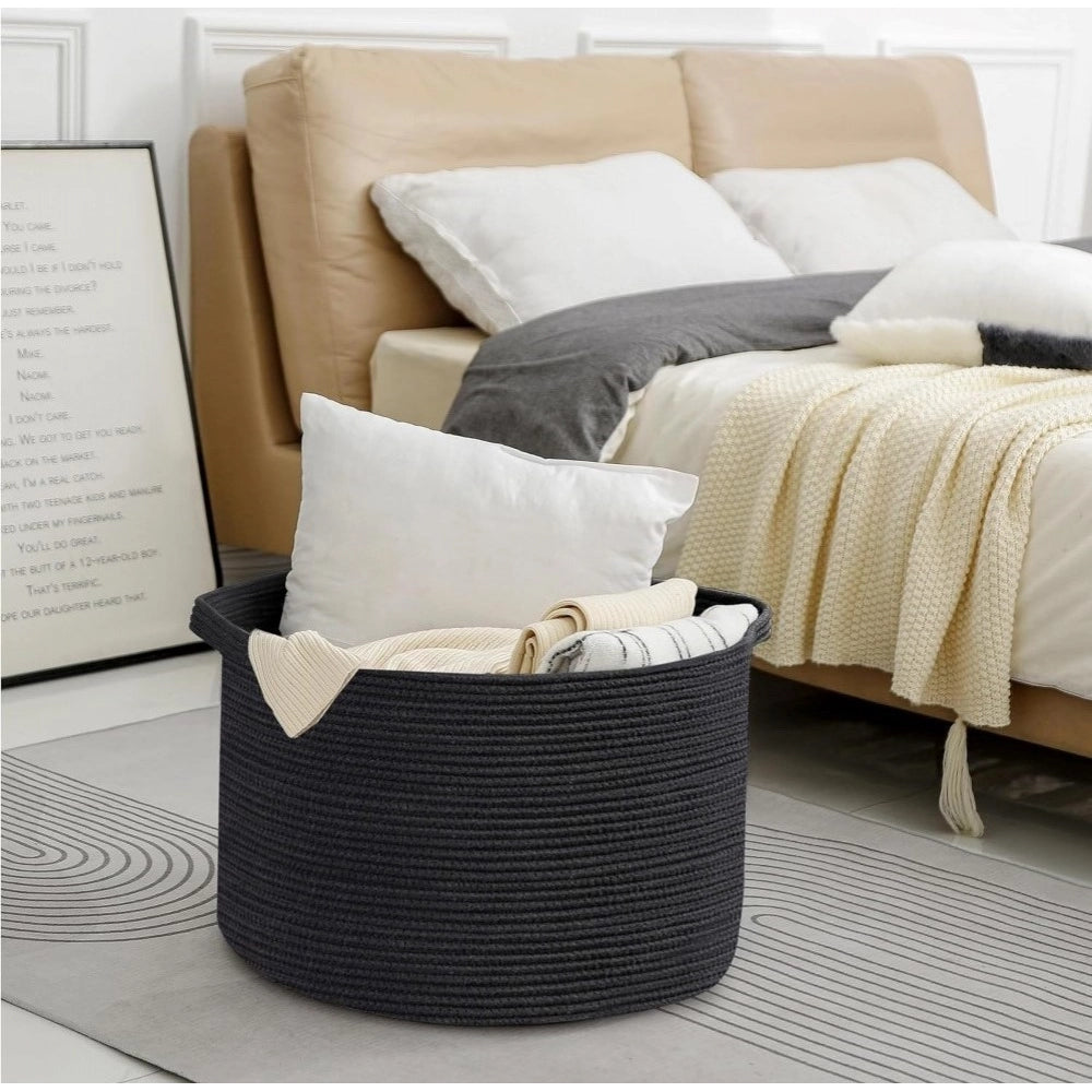 Cotton Pack Of_1 14x12 Inch Storage Basket For Clothes With Out Lid (Black)