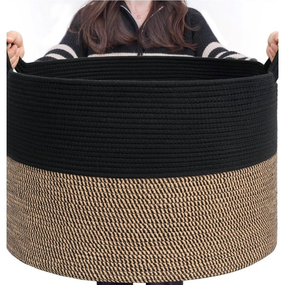 Cotton Pack Of_1 16x14 Inch Storage Basket For Clothes With Out Lid (Black-Beige-Black)