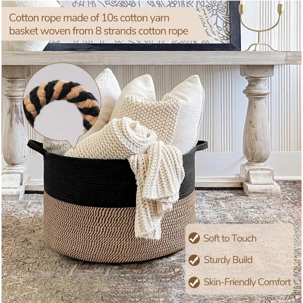 Cotton Pack Of_1 16x14 Inch Storage Basket For Clothes With Out Lid (Black-Beige-Black)
