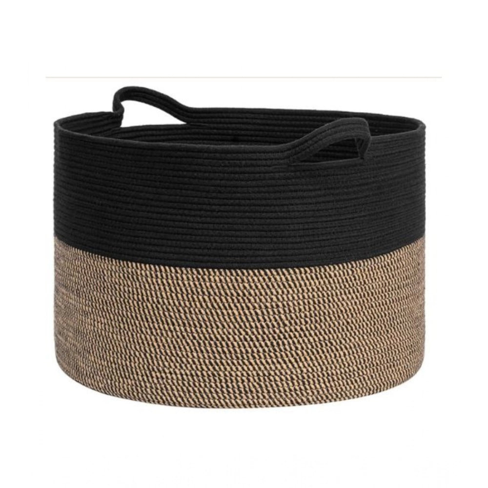 Cotton Pack Of_1 16x14 Inch Storage Basket For Clothes With Out Lid (Black-Beige-Black)