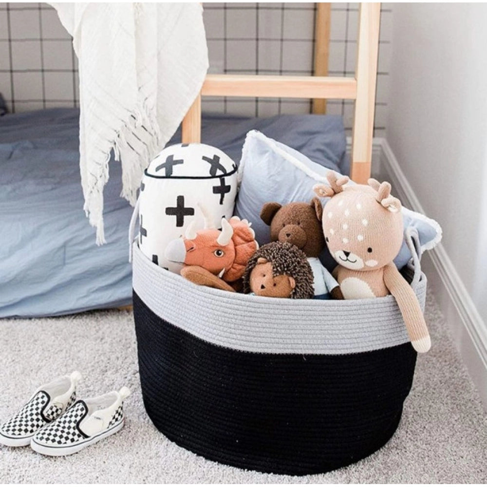 Cotton Pack Of_1 14x12 Inch Laundry Storage Basket For Clothes (Grey-Black)