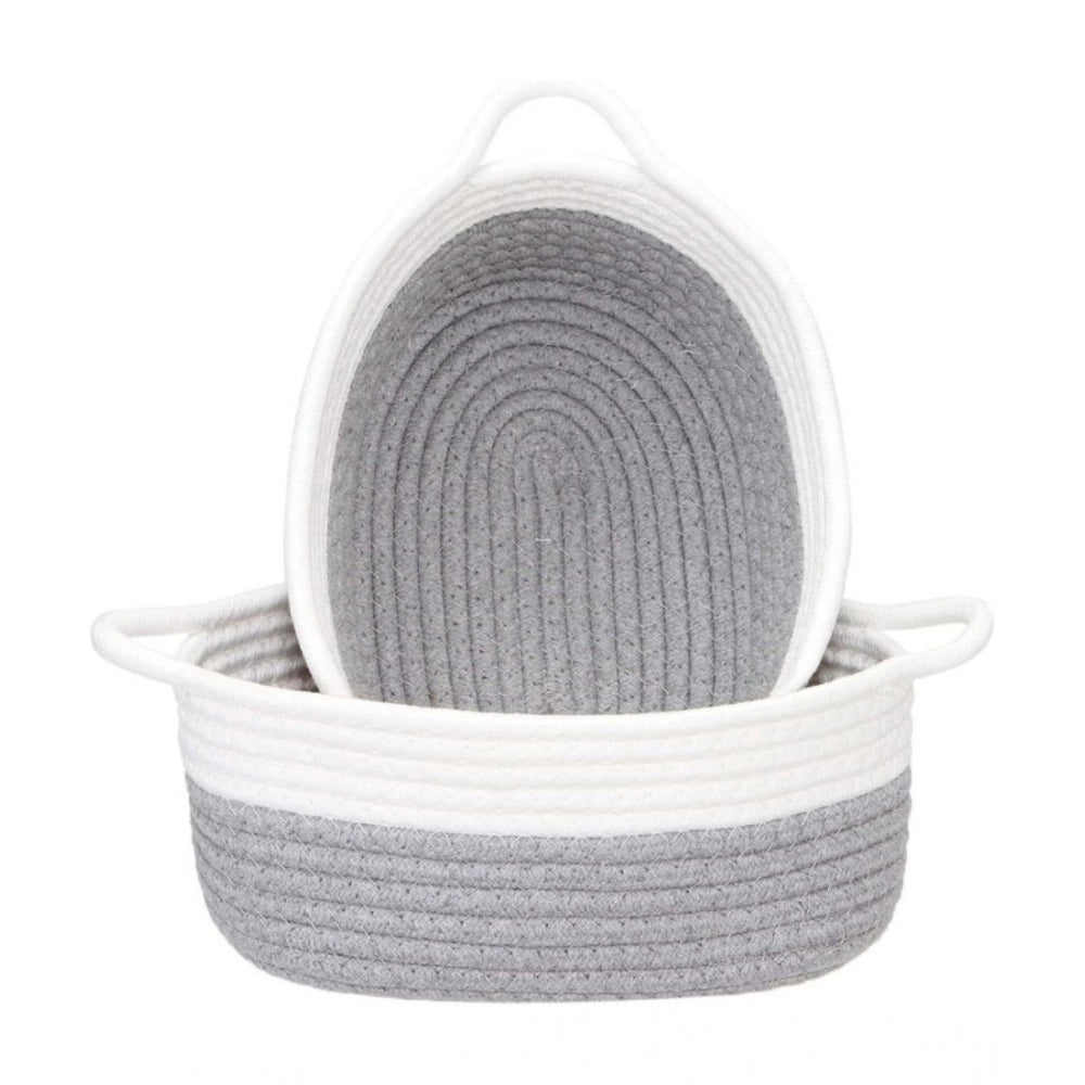 Cotton Grey White 2 Pcs Storage Basket For Clothes (Grey-White)