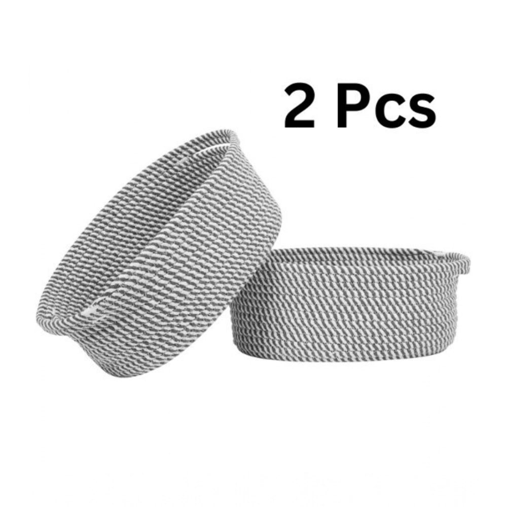 Cotton 10x7x4 Inch 2 Pcs Oval Storage Basket For Clothes (Grey)
