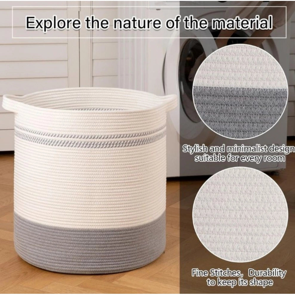 Cotton Pack Of_1 12x14 Inch Storage Basket For Clothes (Grey-White)