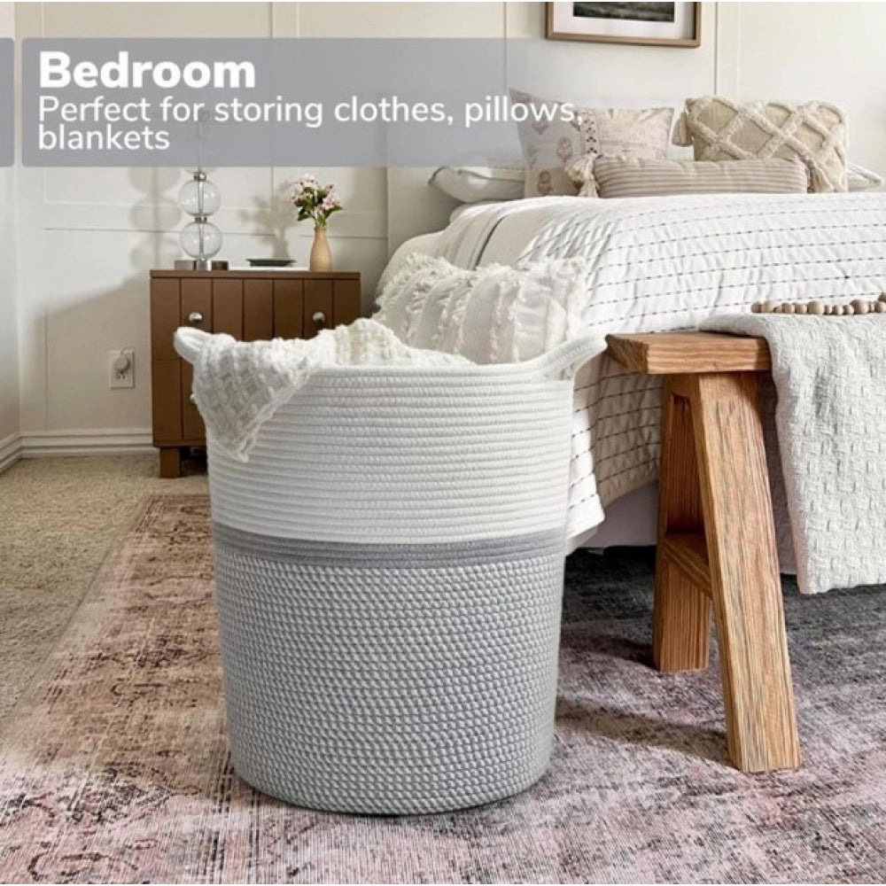 Cotton Pack Of_1 12x14 Inch Storage Basket For Clothes (Grey-White)