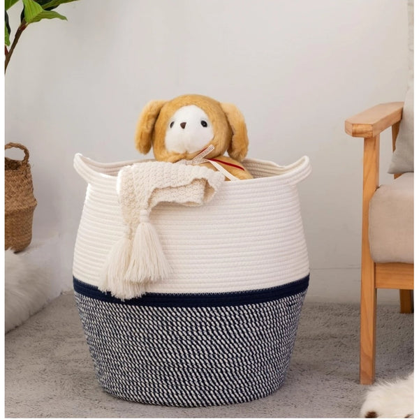 Cotton Matka 14x12 Inch Storage Basket For Clothes With Out Lid (Gray-White)