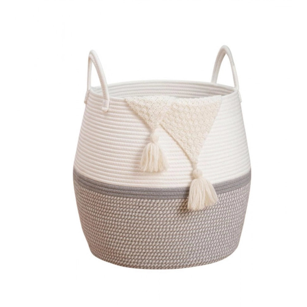 Cotton Matka With Handle 14x12 Inch Storage Basket For Clothes With Out Lid (Gray-White)