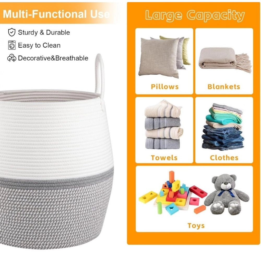 Cotton Matka With Handle 14x12 Inch Storage Basket For Clothes With Out Lid (Gray-White)