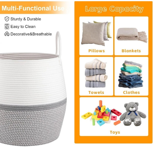 Cotton Matka With Handle 14x12 Inch Storage Basket For Clothes With Out Lid (Gray-White)