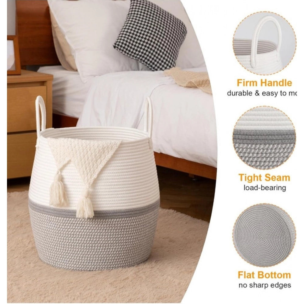 Cotton Matka With Handle 14x12 Inch Storage Basket For Clothes With Out Lid (Gray-White)
