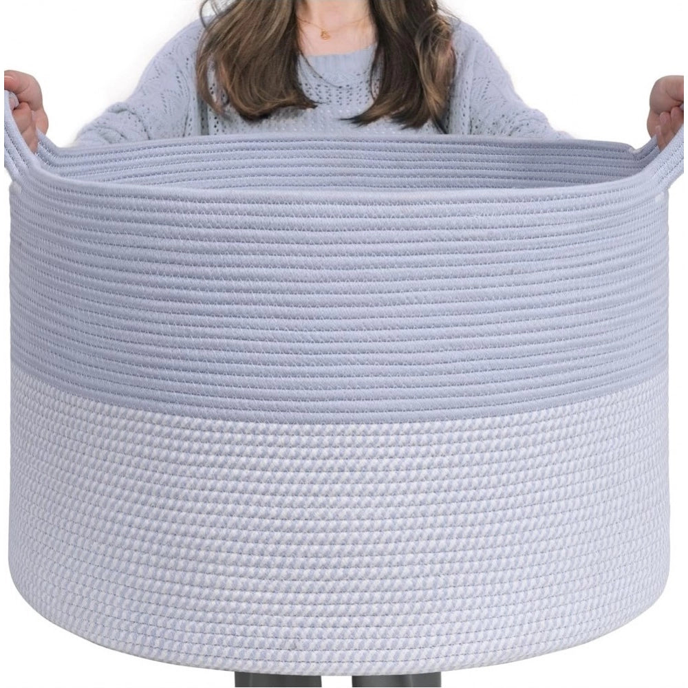 Cotton Pack Of_1 16x14 Inch Storage Basket For Clothes With Out Lid (Blue-White)