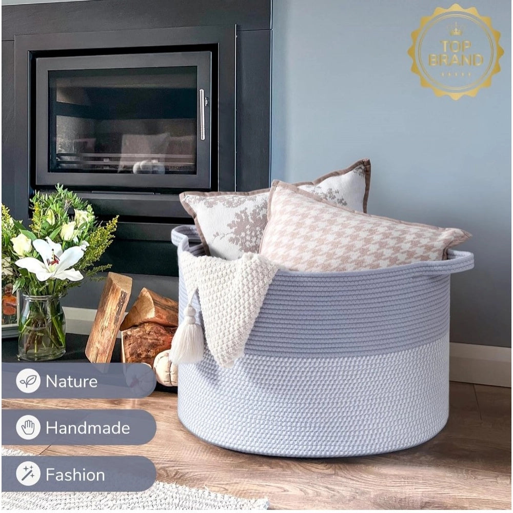 Cotton Pack Of_1 16x14 Inch Storage Basket For Clothes With Out Lid (Blue-White)