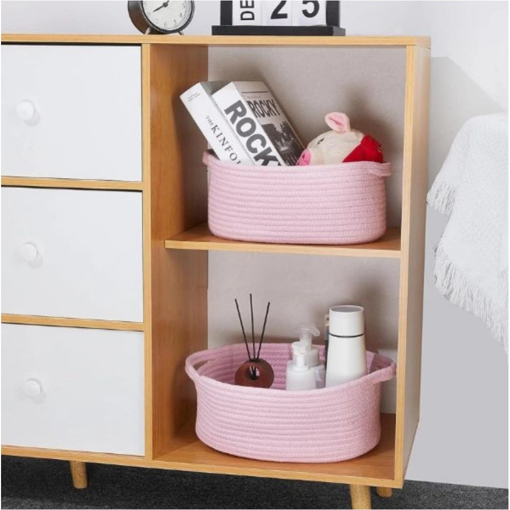 Cotton 10x7x4 Inch2 Pcs Oval Storage Basket For Clothes (Pink)