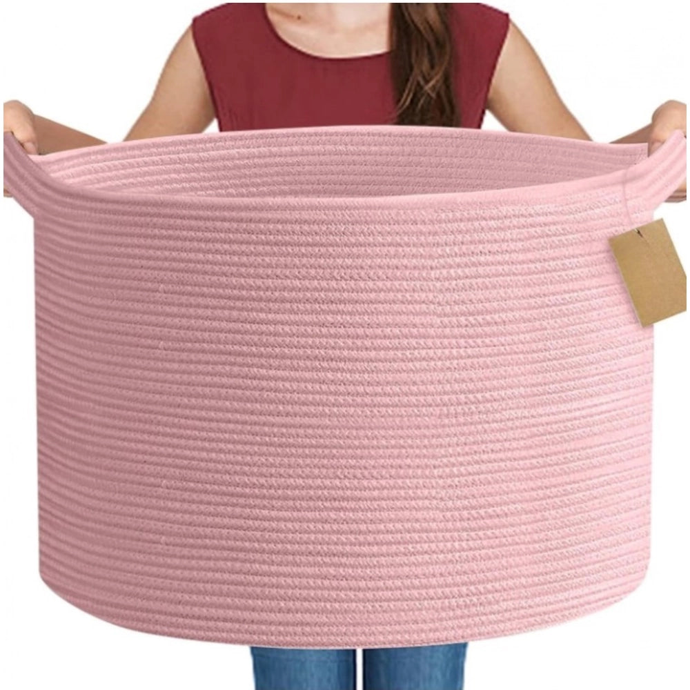 Cotton Pack Of_1 14x12 Inch Storage Basket For Clothes With Out Lid (Pink)