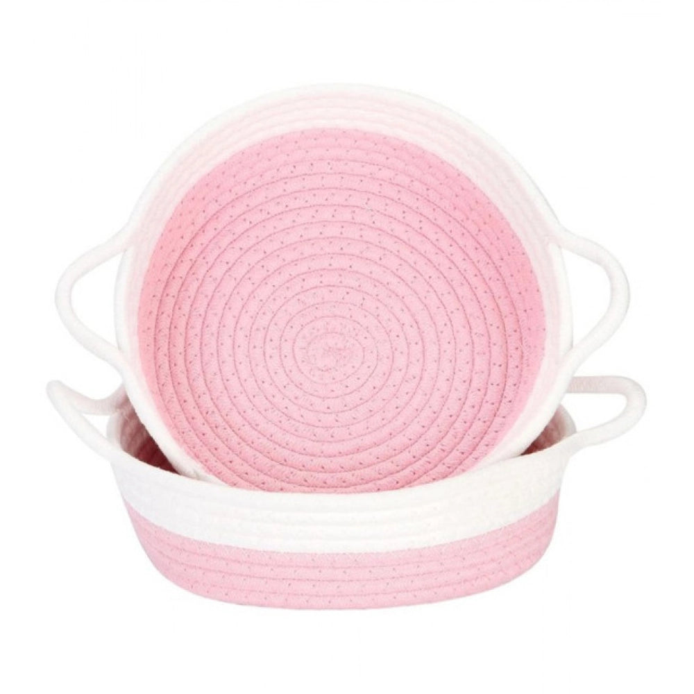 Cotton White Basket 2 Pcs Storage Basket For Clothes (Pink-White)